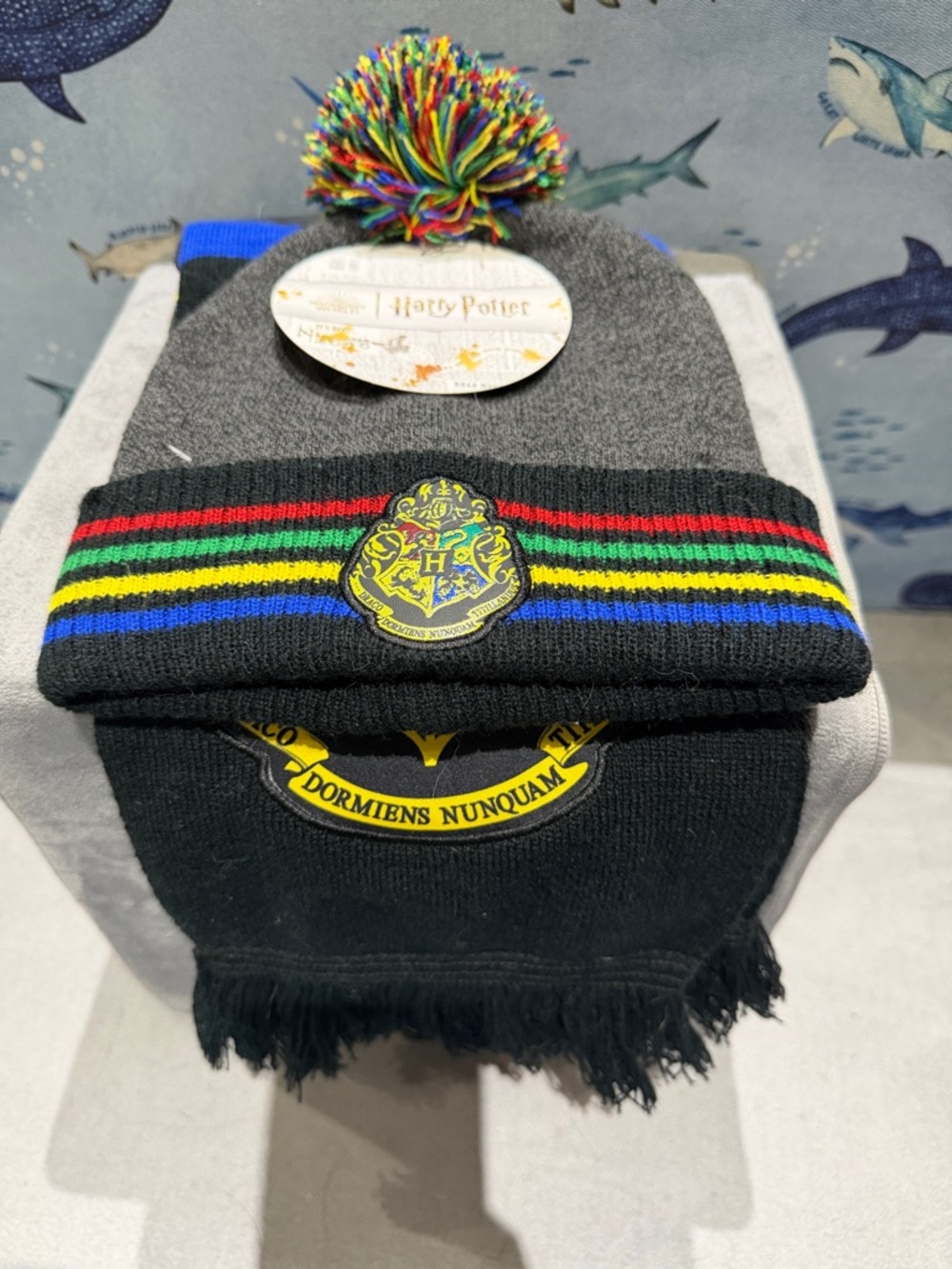 Warner Bros. Harry Potter Gray & Black Pom-Pom Beanie with Multicolor Stripe